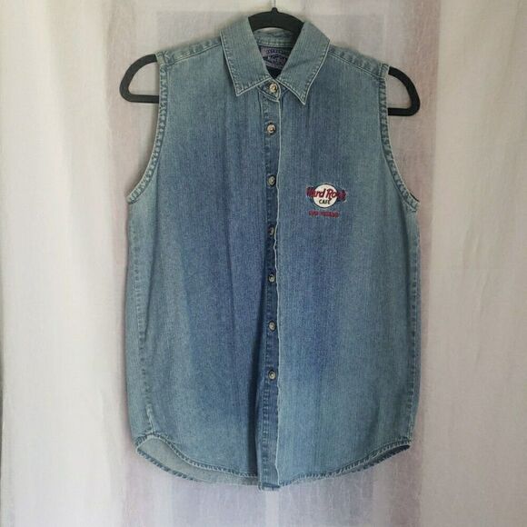 Hard Rock Cafe Tops - Hardrock Cafe AUTHENTIC Denim Sleeveless Shirt Las Vegas Y2K 90s Women’s Size M
